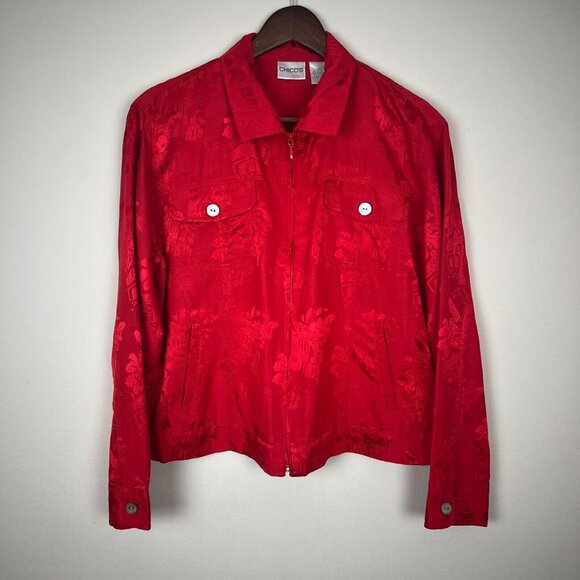Chicos 1 Silk Blend Jacket‎ Womens Medium Red Satin Pattern Full Zip Lightweight - Picture 1 of 12